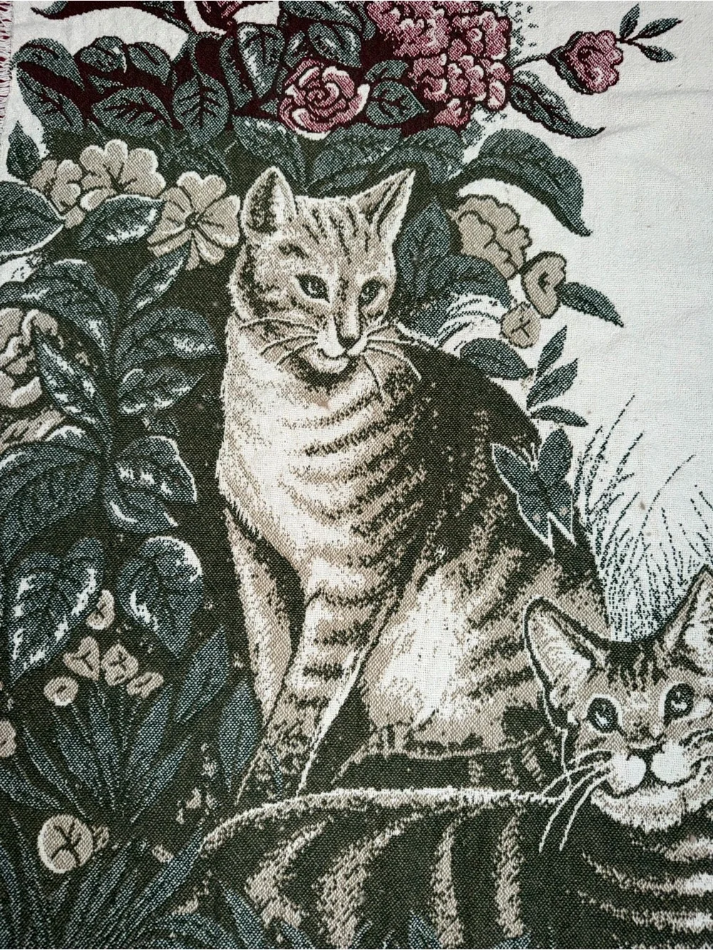 Vintage Woven Tapestry Throw Blanket Cats Garden Floral Fringe 40” X 51”